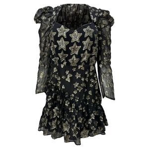 Loveshackfancy Star-Embroidered Detail Mini Long Sleeve dress in Black Polyester